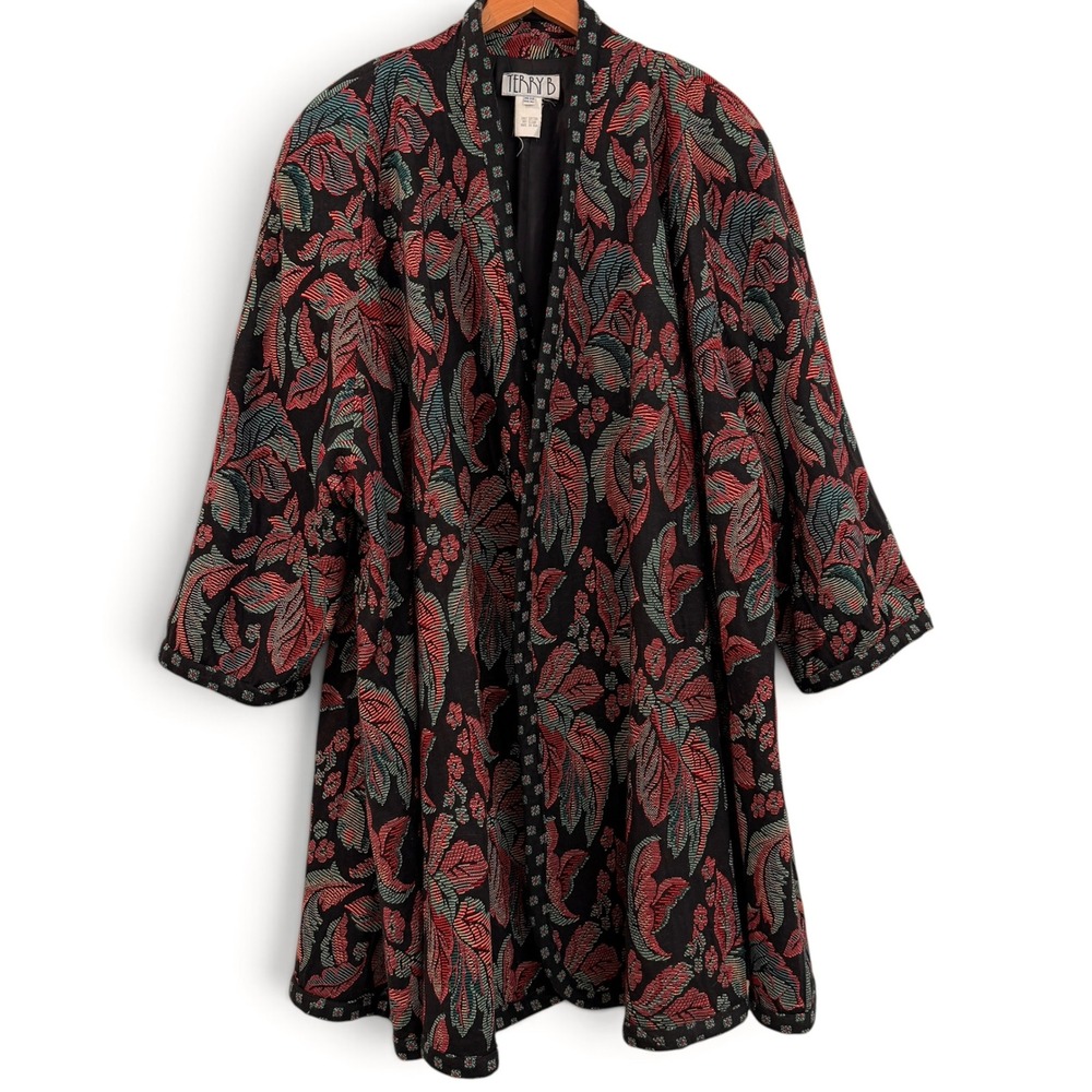 Vintage Terry B Tapestry Duster Coat Red Teal Leaf Woven Oversized One Size USA